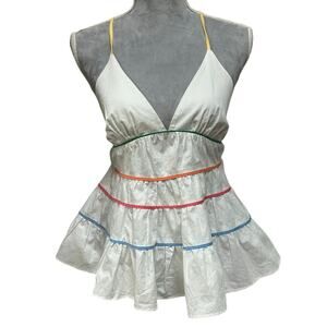 THE IMPECCABLE PIG Rainbow Trim White Cotton Tiered Halter Top Sz S